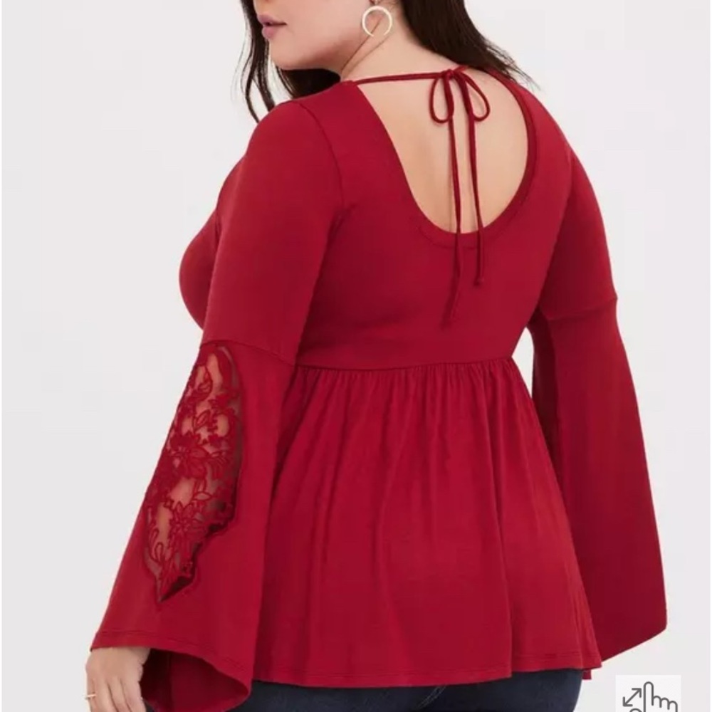 Torrid Babydoll Super Soft Scoop Neck Lace Bell Sleeve Tee Size 2 Rio Red Boho - Picture 14 of 15